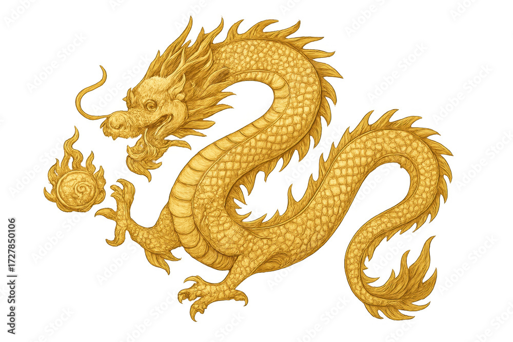 Obraz premium Golden chinese dragon illustration with transparent background