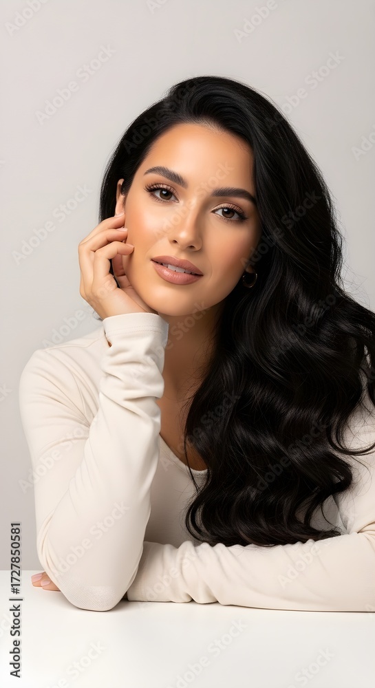 Fototapeta premium Elegant Portrait of a Beautiful Woman with Flowing Dark Hair, Soft Lighting and a Serene Expression, Ideal for Beauty and Lifestyle Content