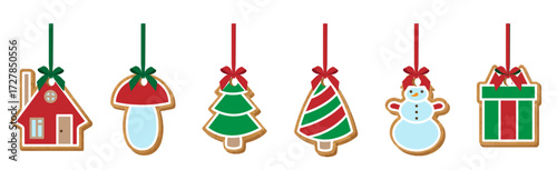 Gingerbread cookies hanging on red ribbons with bows. Vector illustration isolated on white background.