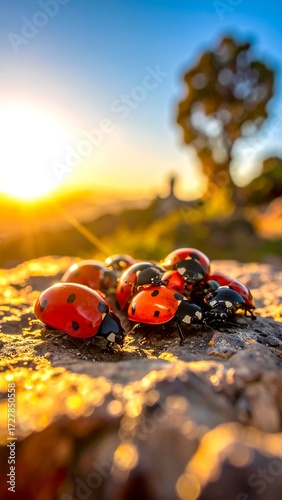 Ladybugs clustered on stone at sunset