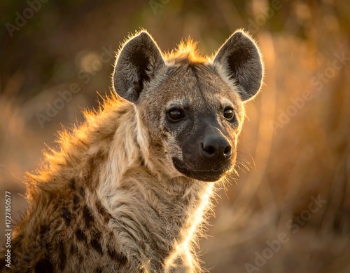 Close-up of a hyena at sunset