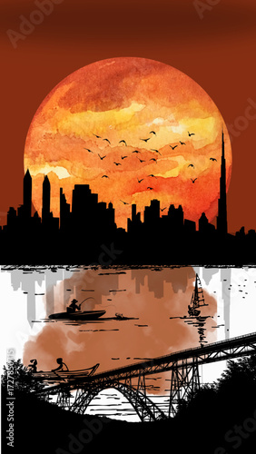 sunset over city