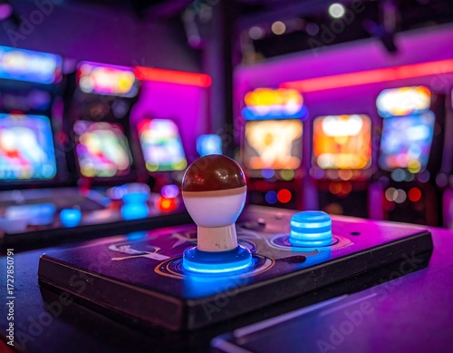 Close-up of a joystick in a brightly lit arcade