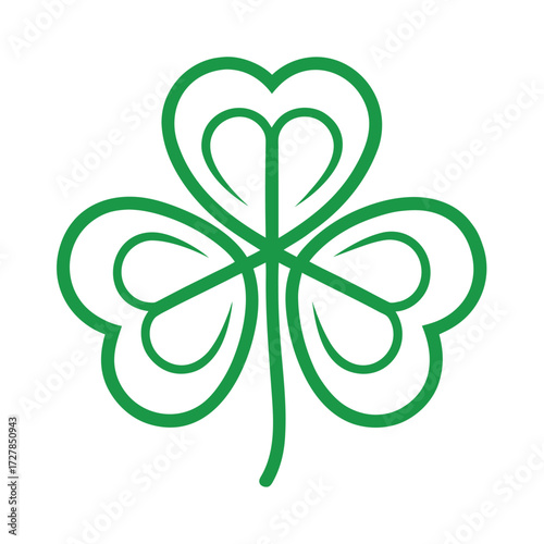 Stylized green shamrock with three heart shaped leaves on white background