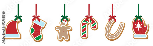 Gingerbread cookies hanging on red ribbons with bows. Vector illustration isolated on white background.