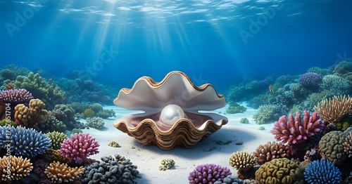 Ocean's Pearl A shimmering pearl nestled within an oyster, bathed in sunlight