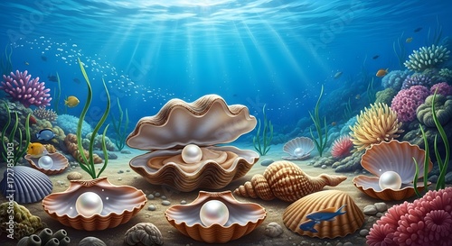Fototapeta Naklejka Na Ścianę i Meble -  Sunlight filters through the ocean illuminating a vibrant underwater scene with a treasure of luminous pearls in open oyster and clam shells on the sandy seafloor