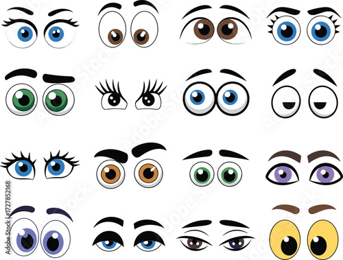 A large collection of various cartoon eyes expressing different emotions, including diverse iris colors, eyebrow shapes, and eyelash styles for character design