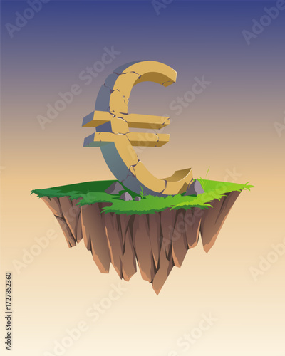 Vector 3d euro currency symbol on floating island