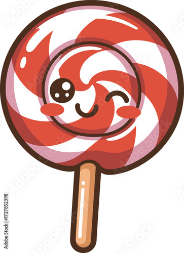 Cute, kawaii lollipop cartoon character winking with red and white swirl design, a sweet and charming candy treat illustration for fun and happy themes