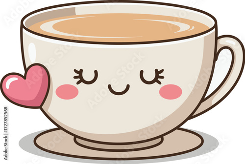 Cute, kawaii teacup cartoon character with blush and a pink heart, representing love, comfort, tea time, cozy moments, and a warm beverage illustration