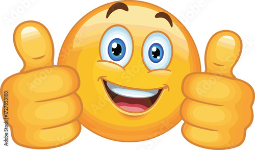 Smiling yellow emoji with big eyes giving a double thumbs up gesture, symbolizing approval, success, happiness, and excellent quality, a positive 3D cartoon