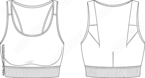 Fashion flat, sports bra, scoop neckline, racerback design, wide strap, technical sketch, front back view, apparel template, vector illustration, clothing mockup