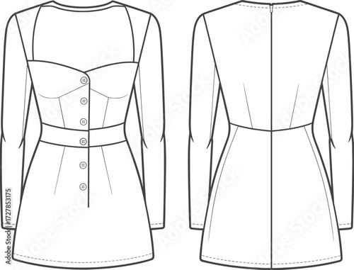 Fashion flat, sweetheart neckline, bustier bodice, mini dress, long sleeve, button front, technical sketch, apparel template, vector illustration, clothing mockup
