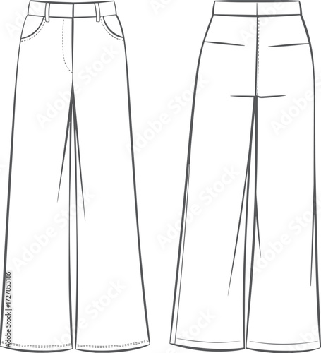 Fashion flat, wide-leg pants, high waist, belt loops, welt pockets, technical sketch, front back view, apparel template, vector illustration, clothing mockup