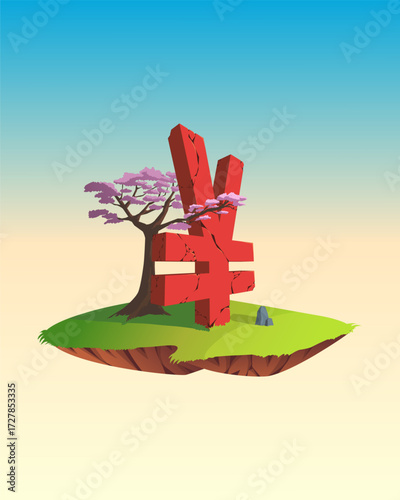 Vector 3d Yen currency symbol on floating island