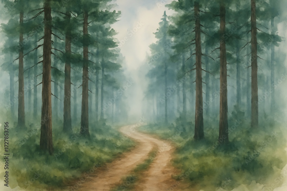 Fototapeta premium A winding dirt path leads through a serene misty pine forest with tall evergreen trees and soft natural light