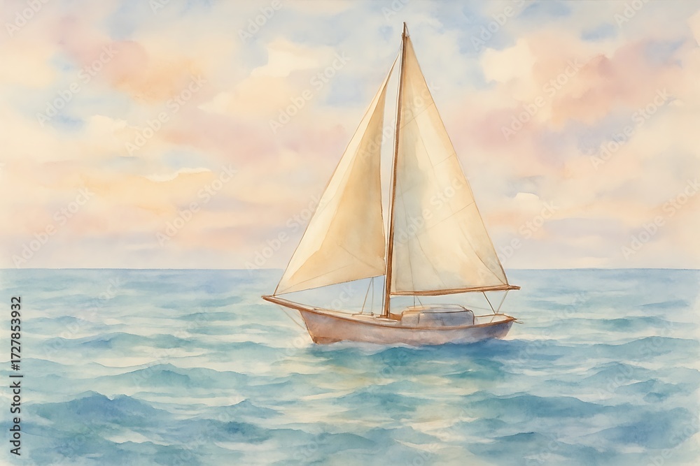 Fototapeta premium Serene sailboat glides across calm ocean waters under a soft pastel sky at sunrise or sunset
