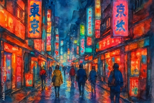 Vibrant tokyo street scene at night with glowing neon signs and silhouetted pedestrians walking