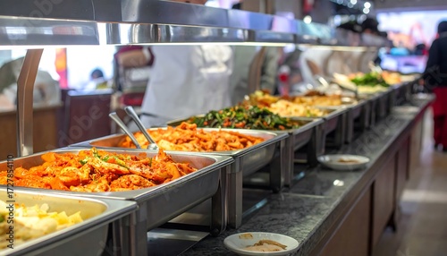 Buffet-style food display with various kimchi dishes