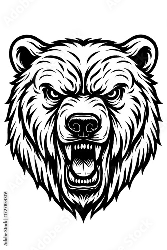 Powerful, aggressive roaring grizzly bear head vector art, black & white. Intense bared fangs, fierce eyes. Ideal for logos, tattoos, sports mascots, emblems. Embodies raw strength, untamed spirit