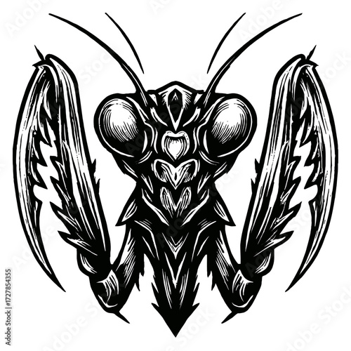 Striking Black and White Stylized Praying Mantis Illustration, showcasing Fierce Raptorial Forelegs and Intricate Compound Eyes. A High-Contrast Graphic Design, perfect for Nature Enthusiasts, Ent