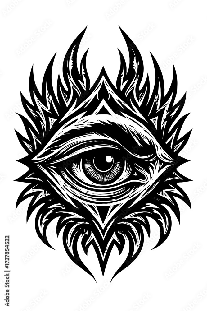 Obraz premium Intricate All-Seeing Eye of Providence Vector Art, a Mystical Esoteric Symbol of Divine Wisdom, Vigilance & Enlightenment. Detailed Black & White Graphic with Tribal Flames for Tattoos, Occult, Sp