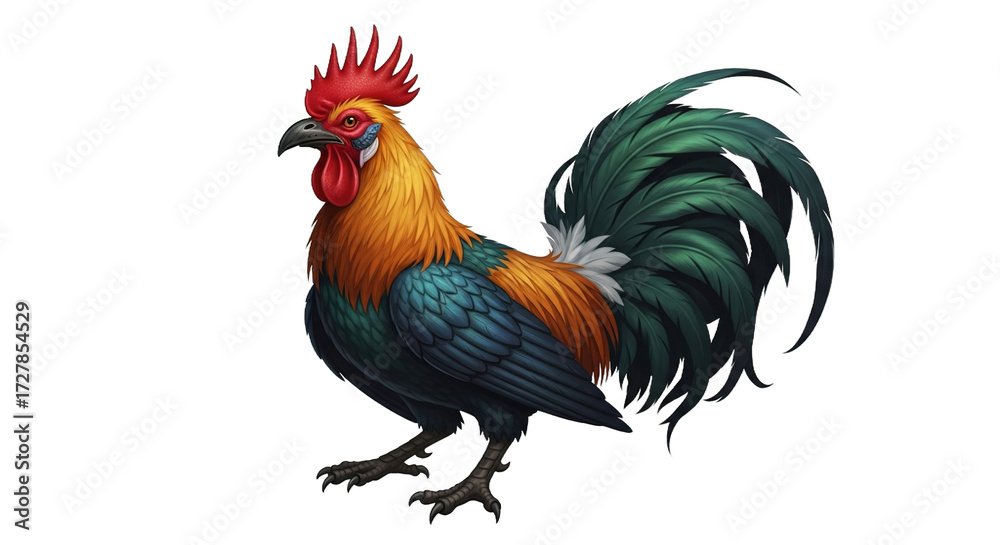 Fototapeta premium Colorful rooster with red comb and green tail stands on white background.