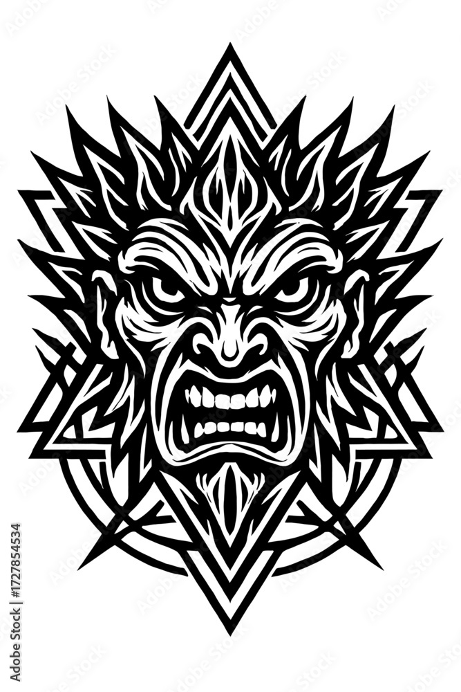 Fototapeta premium Black and white aggressive monster face, tribal design with bared teeth and intense eyes, framed by geometric patterns. Perfect for heavy metal, tattoo, dark fantasy, occult art, gaming, symbolizi