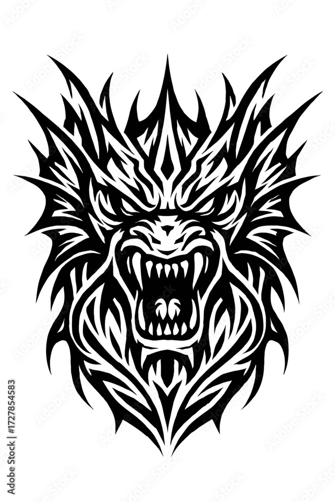 Fototapeta premium Fierce Tribal Dragon Head Roaring Tattoo Design, Stylized Mythical Monster Artwork with Sharp Teeth, Aggressive Black and White Graphic Illustration, Powerful Fantasy Beast Symbol Vector Art.