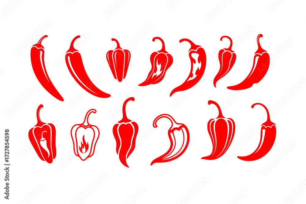 Obraz premium set of Chili Pepper Icons Collection: Simple Red Silhouette Style, Different Shapes, Spicy, Hot Food, Cooking, Cuisine, Mexican, Ingredient.