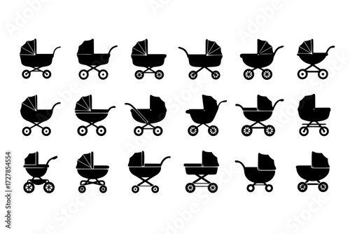 set of Collection of Baby Carriage & Stroller Icons: Baby Products, Parenting Blogs, Children's Content, Pram, Pushchair, Newborn, Family.