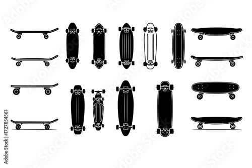 set of Skateboard Vector Icon Set: Collection of Different Designs, Sports, Hobby, Urban Lifestyle, Skateboarding, Skate Park, Extreme.




