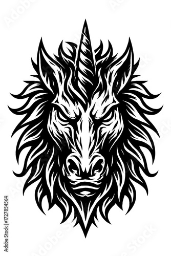 Powerful Dark Unicorn Head Vector Art: A Fierce, Stylized Mythical Beast with Majestic Horn, Intense Gaze & Dynamic Mane, perfect for fantasy designs, gaming logos, apparel & aggressive tattoo aes