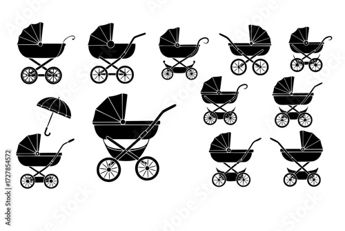 set of Collection of Baby Carriage & Stroller Icons: Baby Products, Parenting Blogs, Children's Content, Pram, Pushchair, Newborn, Family.