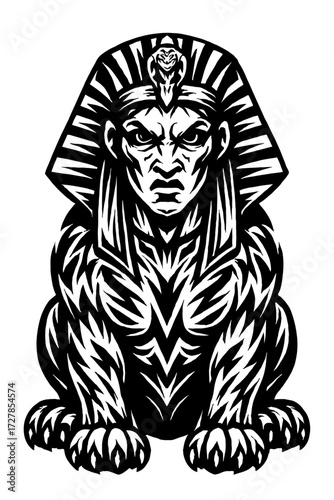 Aggressive Egyptian Sphinx Tattoo Design with Pharaoh's Headdress and Uraeus, a Fierce Mythical Creature Art in Bold Black and White Tribal Style, Ancient Symbolism in Striking Detail.