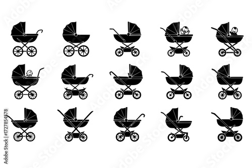 set of Collection of Baby Carriage & Stroller Icons: Baby Products, Parenting Blogs, Children's Content, Pram, Pushchair, Newborn, Family.