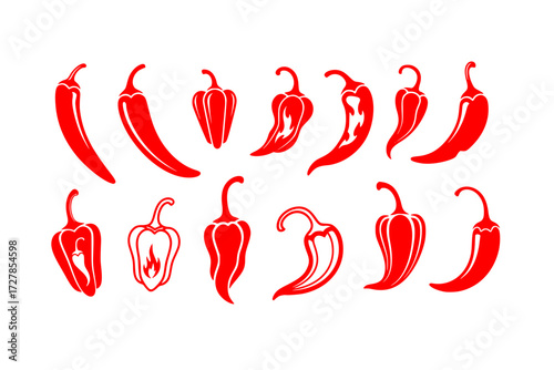 set of Chili Pepper Icons Collection: Simple Red Silhouette Style, Different Shapes, Spicy, Hot Food, Cooking, Cuisine, Mexican, Ingredient.