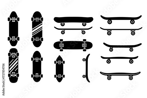 set of Skateboard Vector Icon Set: Collection of Different Designs, Sports, Hobby, Urban Lifestyle, Skateboarding, Skate Park, Extreme.




