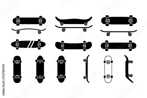 set of Skateboard Vector Icon Set: Collection of Different Designs, Sports, Hobby, Urban Lifestyle, Skateboarding, Skate Park, Extreme.




