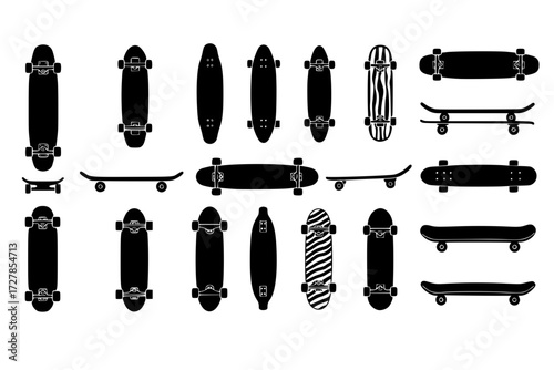 set of Skateboard Vector Icon Set: Collection of Different Designs, Sports, Hobby, Urban Lifestyle, Skateboarding, Skate Park, Extreme.




