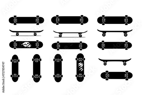 set of Skateboard Vector Icon Set: Collection of Different Designs, Sports, Hobby, Urban Lifestyle, Skateboarding, Skate Park, Extreme.




