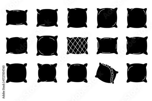 Set of Pillow Icons in Various Styles: Comfort, Sleep, Home Decor, Bedroom, Relaxation, Cushion, Bedding, Cozy, Sweet Dreams.