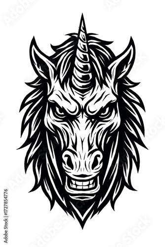 Fierce Aggressive Unicorn Head Digital Art Illustration: Powerful Mythical Creature with Intense Gaze and Bared Teeth, Monochrome Black & White Woodcut Style Fantasy Graphic Design. Majestic Magic