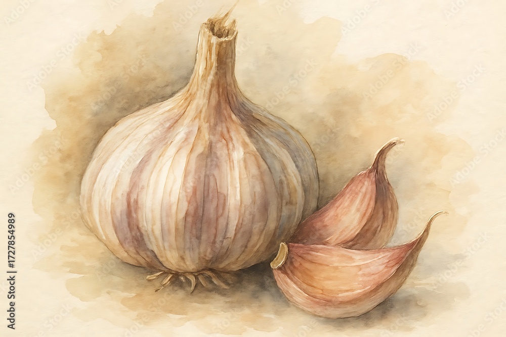 Obraz premium A single bulb of fresh garlic with two cloves on a soft textured light beige background
