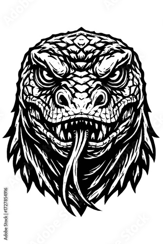 Striking black and white reptilian monster head illustration, featuring fierce, intense eyes, razor-sharp fangs, a menacing forked tongue, and intricate scaly skin for powerful tribal tattoo art o