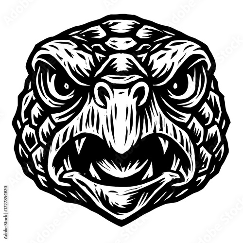 Monochromatic Woodcut Art of a Fierce Dragon Head with Scaly Texture and Open Roaring Mouth, Detailed Mythological Creature Graphic Design, High Contrast Black and White Illustration Print