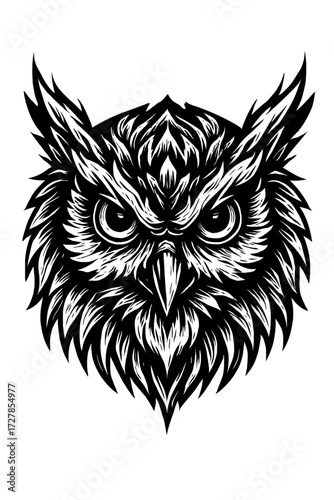 A commanding, intensely detailed black and white stylized owl head illustration, radiating a powerful, wise, and mysterious aura. This intricate artwork features sharp, piercing eyes and complex f