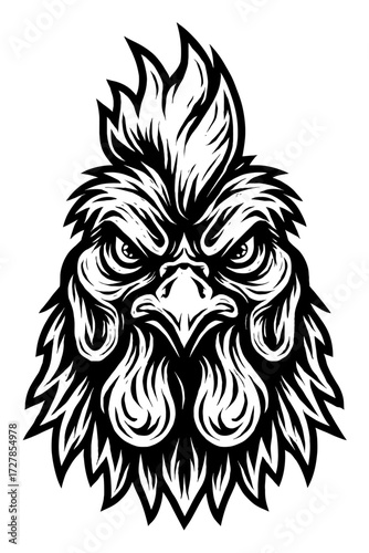 Angry rooster head illustration, black and white vector art, with an aggressive look, stylized feathers, strong beak, and intense eyes. This powerful design is perfect for modern logos, sports mas