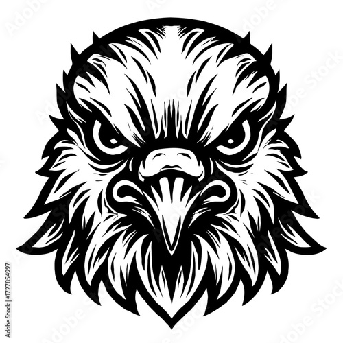 Powerful and Majestic Eagle Head Mascot Design in Bold Black and White Stylized Vector Art, Capturing the Fierce Predatory Gaze of a Falcon or Hawk, Ideal for Sports Teams, Logos, Brands & Graphic